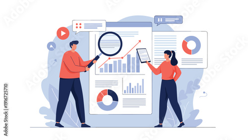 Business colleagues analyze a large dashboard of data charts and graphs to make informed decisions and improve company performance.