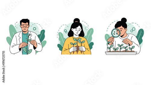 Three individual panels show botanical researchers studying plants in different stages of development for scientific advancement.