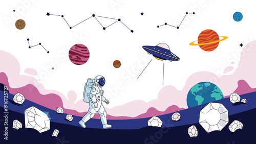 Brave astronaut walks on the lunar surface during a space mission with planet earth and distant stars visible in the dark background.