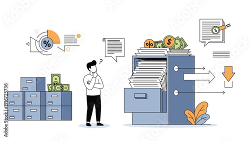 Finance manager ponders over business records and filing cabinets filled with documents and money icons for better organization.