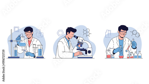 Group of three professional scientists conduct experiments using microscopes and various lab equipment in a research laboratory.
