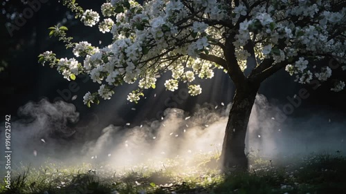 Apple tree blossoms lit by strong angled sunrays, petals falling in dynamic downward motion into illuminated fog, fog drifting sideways in slow waves, deep 3D depth.