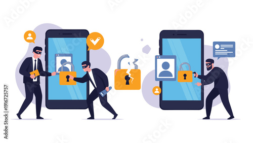 Masked cyber criminals attempt to steal personal information and unlock secure accounts on large mobile devices through hacking.