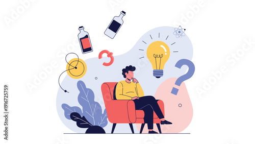 Pensive man sits in an armchair and thinks deeply while surrounded by various icons representing science, ideas, and questions.