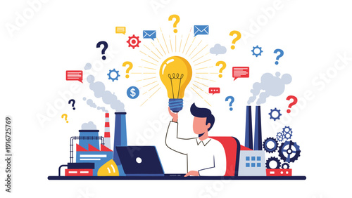 Innovative professional holds a glowing lightbulb idea above his head while working in a busy industrial factory environment.