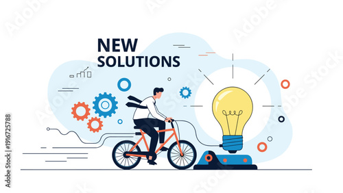 Determined businessman rides a bicycle to generate power for a giant lightbulb representing innovative and sustainable solutions.