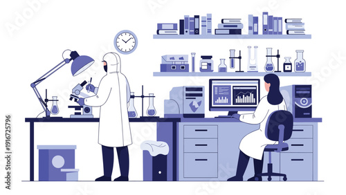 Scientific researchers work in a modern blue laboratory setting with advanced equipment to find breakthroughs in medical science.
