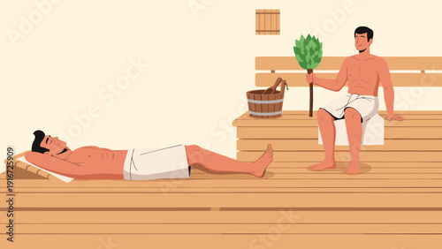 Two men relaxing in a traditional wooden sauna room with one lying down and the other sitting while holding a leaf whisk.