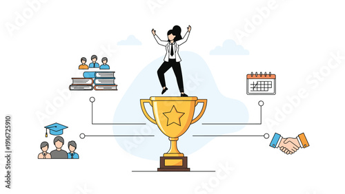 Successful businesswoman celebrating her achievement by standing on a large gold trophy surrounded by academic symbols.
