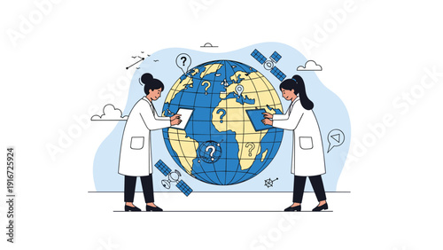Two female scientists in white lab coats investigating global issues on a large planet earth globe with various symbols.
