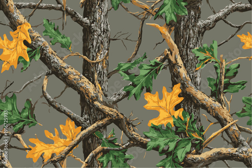 A camouflage pattern with tree branches and leaves, designed for hunting or outdoor activities.A camouflage pattern featuring oak leaves and branches, with earthy tones of brown and green.