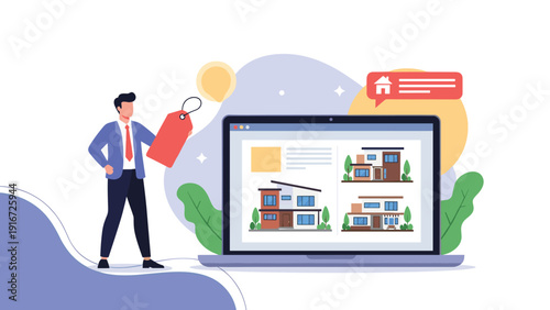 Sales representative holding a price tag while presenting different modern house designs on a large laptop computer.