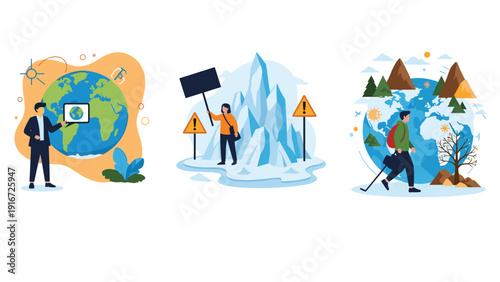 Set of three environmental themed illustrations depicting global ecology, melting ice caps, and nature conservation.