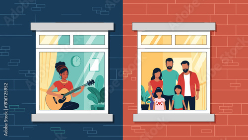 Split screen view showing a woman playing guitar in her apartment and a large family gathered together in another room.