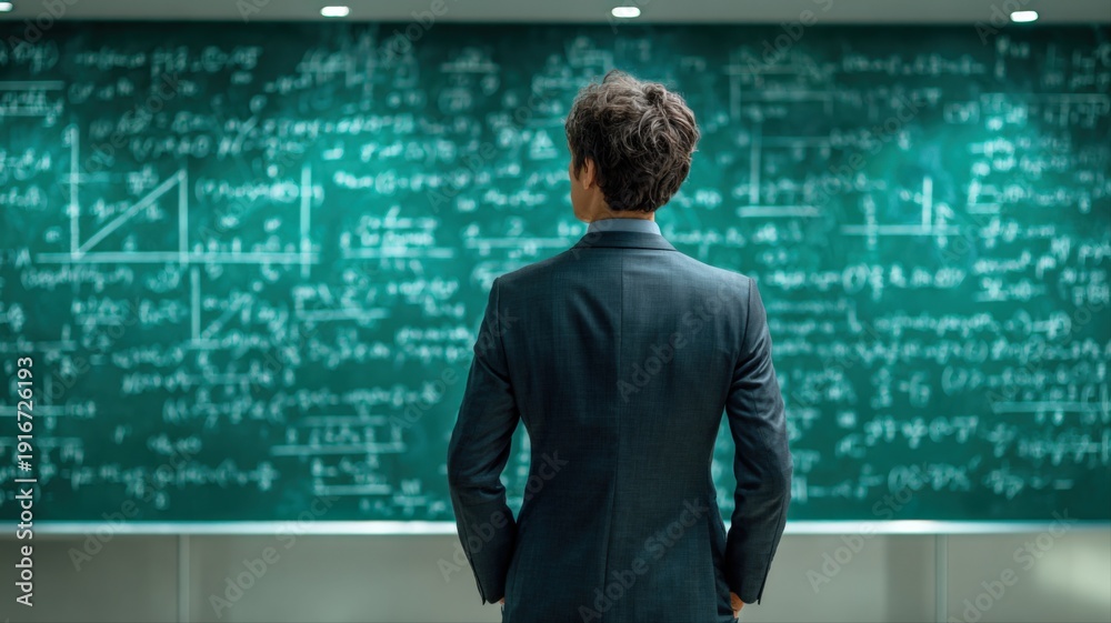 © The Little Hut - Man in suit contemplates complex equations on a chalkboard, deep in thought and innovation