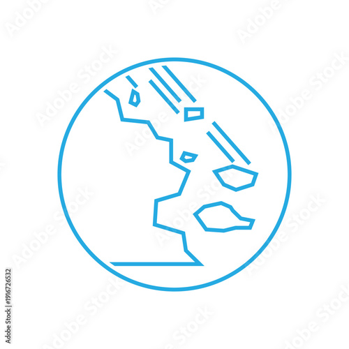 Blue circular line icon depicting falling rocks and soil erosion for natural disaster prevention warning signs