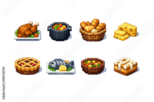 Pixel art set of assorted cooked foods including roasted chicken, stew, bread basket, cheese, pie, fish platter, vegetable soup, and glazed cake icons