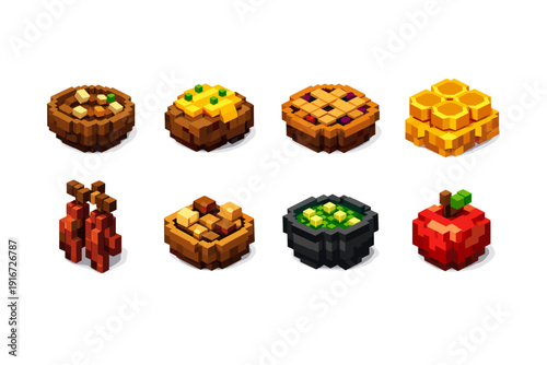 Voxel-style pixel food icons set featuring pies, stew, honeycomb, grilled meat, baked dish, soup bowl, and a red apple on white background