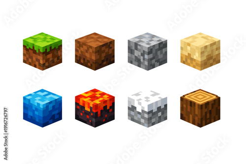 Set of pixelated isometric cube blocks showing grass, dirt, stone, sand, water, magma, snow, and wood textures on a white background