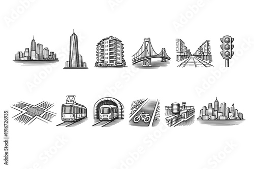 Hand-drawn urban transportation and city infrastructure icons showing skyline, skyscraper, apartments, bridge, roads, traffic lights, trains, bicycles