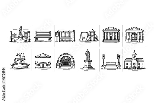 Collection of black and white line icons of urban park and civic elements including fountain, bench, pavilion, playground, monument, stairs, and building