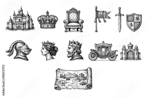 Hand-drawn medieval heraldic collection featuring castle, crown, throne, banner, sword, shield, armor helmet, royal profiles, carriage, cathedral, and map