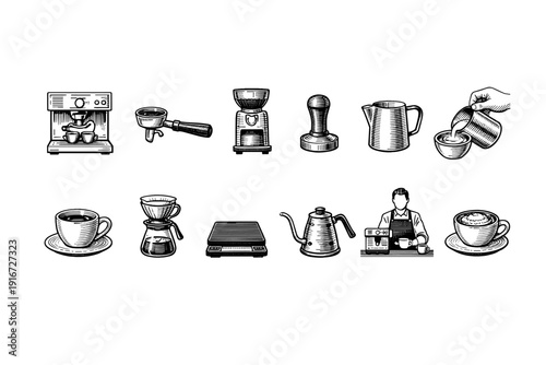 Monochrome set of coffee brewing equipment and barista tools including espresso machine, grinder, dripper, kettle, tamper, and latte art cup