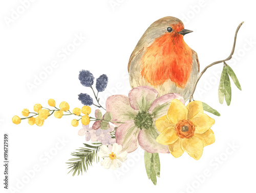 Obraz na płótnie Watercolor spring yellow flower bouquet with robin bird