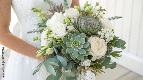 A beautiful bride in her wedding dress holds a floral bridal bouquet of pink roses and green nature blooms during a romantic marriage ceremony celebration of love