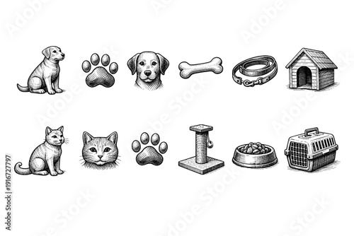 Vintage engraved pet icons set featuring dogs and cats with paw prints, collar, bone, house, scratching post, food bowl, and carrier