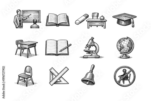Hand-drawn education icon set featuring teacher at board, books, desk, chalk, graduation cap, microscope, globe, ruler, bell, and classroom seating