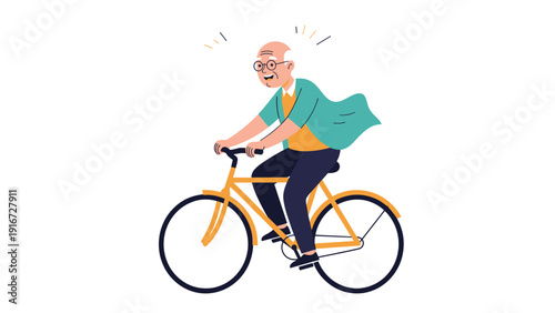 Happy elderly man with glasses and a green sweater riding a yellow bicycle with a great sense of freedom and youthful joy.