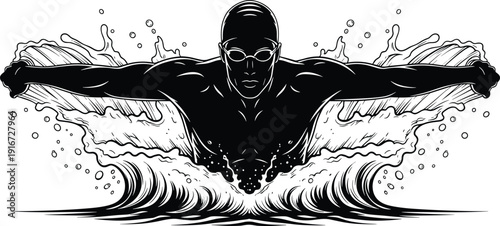 Powerful Silhouette of a Professional Male Swimmer Performing Butterfly Stroke in Water Splash, Dynamic Athlete Vector Illustration for Sports Fitness Design (21 words)