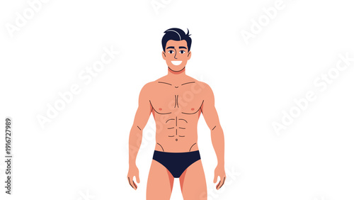 Muscular young man with an athletic physique standing confidently in black swimming trunks against a plain white background.