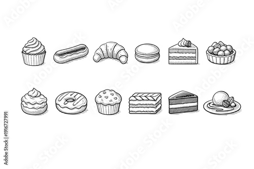 Hand-drawn bakery assortment illustration showing cupcakes, donut, croissant, macaron, layered cake slices, eclair, pudding, and fruit tart