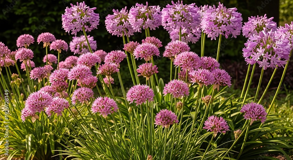 Obraz premium Many clusters of blooming pink allium flowers grow densely in the garden.