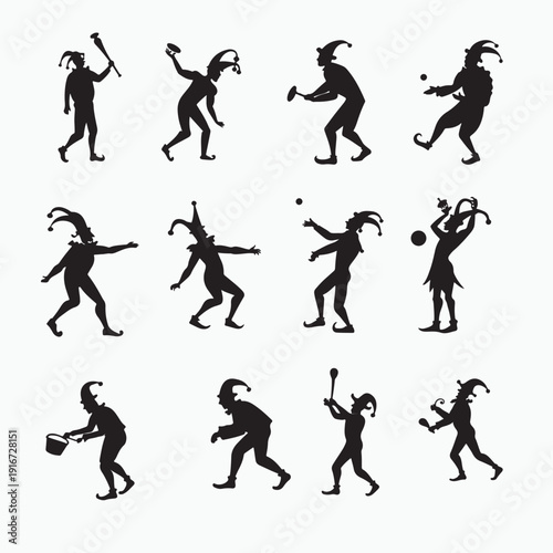 A black vector illustration collection of football and soccer player silhouettes showing men and boys in action sport poses like running, jumping, and playing a team game with a ball