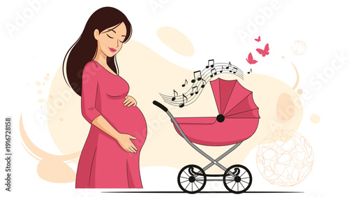 Beautiful pregnant woman in a pink dress standing next to a baby stroller surrounded by musical notes and butterflies.