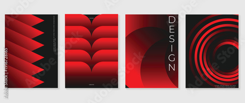 Red geometric abstract layers vector wall art set with bold curved shapes and dark contrast background. Modern graphic poster collection for gallery and interior decor.