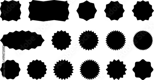 Set of starburst, starburst labels, ribbon, price tag, sale labels. Starburst black sticker set. Vector illustration