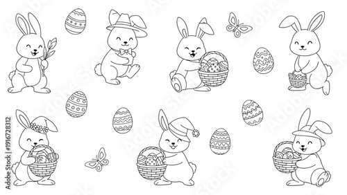 Black and white line art collection of cute easter bunnies with baskets, eggs, butterflies, and small festive hats.