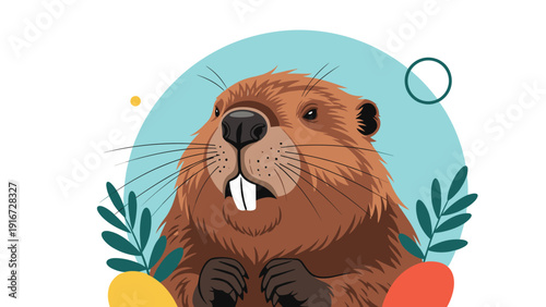 Close-up illustration of a friendly groundhog or beaver with prominent front teeth against a blue circular background.