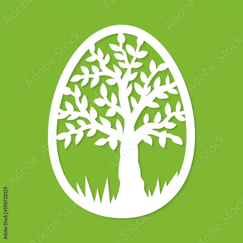 Decorative Easter egg panel with spring tree and grass cutout pattern for laser cutting