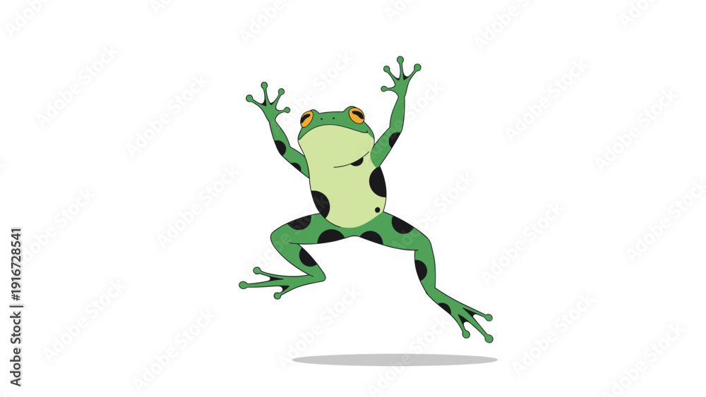 Fototapeta premium Little green tree frog with black spots in mid-air during a high jump with a shadow beneath on white background.