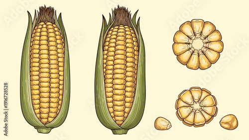 Detailed botanical illustration of ripe corn cobs in husks, individual grains, and cross-sections of the golden cob.