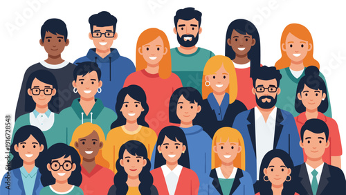 Large crowd of diverse people of various ethnicities and ages standing together in a friendly and happy group portrait.