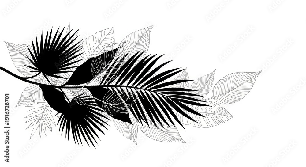 Obraz premium Black and white tropical leaves composition. Exotic jungle foliage illustration in silhouette and detailed line art styles, arranged on a clean white background.