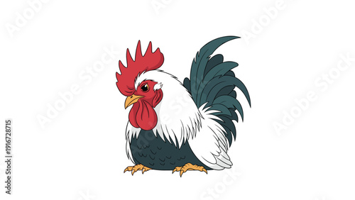 Detailed illustration of a proud rooster with white feathers and a red comb sitting down showing its dark tail feathers clearly.