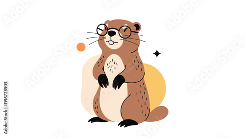 Cute brown groundhog wearing round black glasses standing alert with its paws up in a friendly and academic character design.