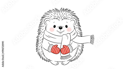 Adorable sketch of a hedgehog bundled up for winter wearing a warm striped scarf and red patterned mittens in a cute style.